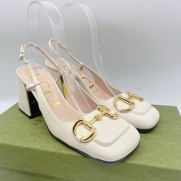 Gucci GG Slingback Horsebit Pumps Chunk Heel Mystic White Leather EU 38.5 US 8.5 - Picture 5 of 12